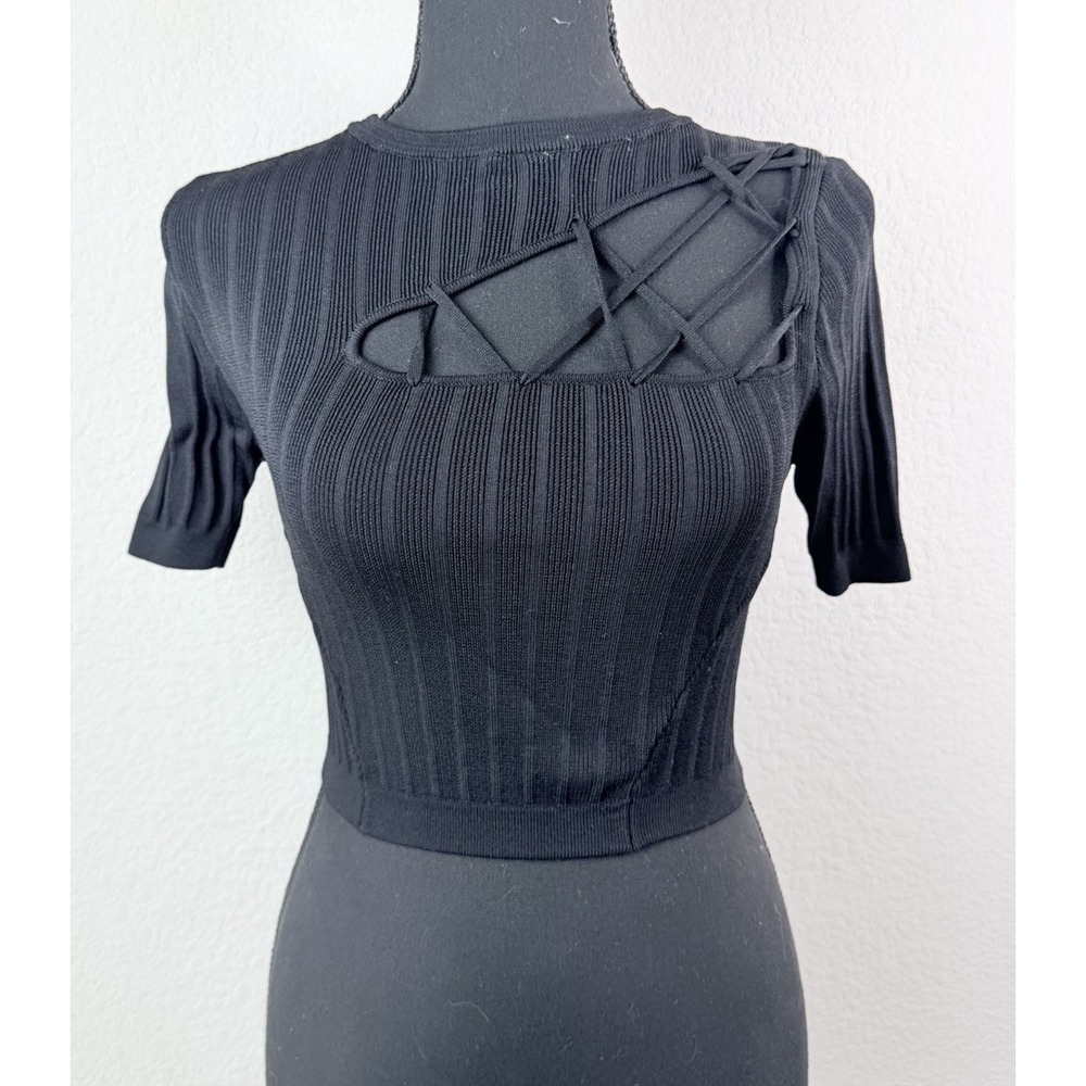 Maniere De Voir Black Rib Knit Lace Up Cutout Crop Top Women's XS Bodycon Y2K